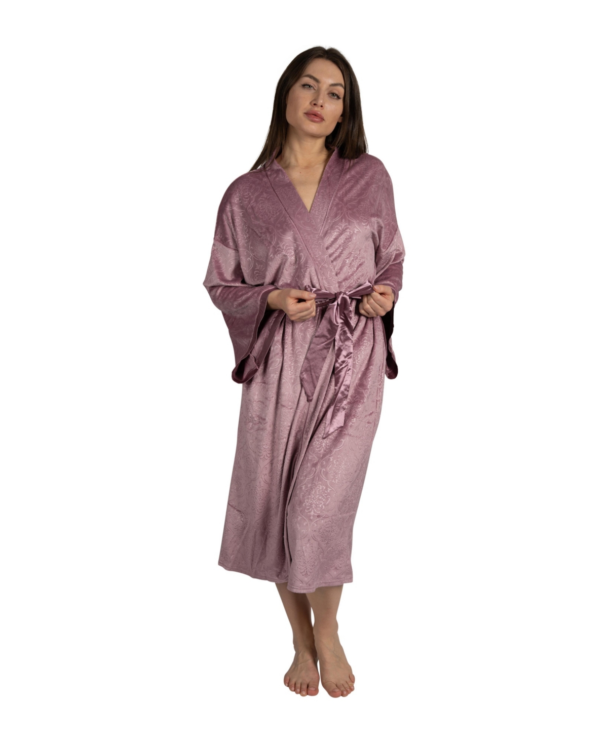 Women's Velour Kimono Robe with Flowy Bell Sleeves with Satin Trim and Tie Front - Dusty orchid wallpaper