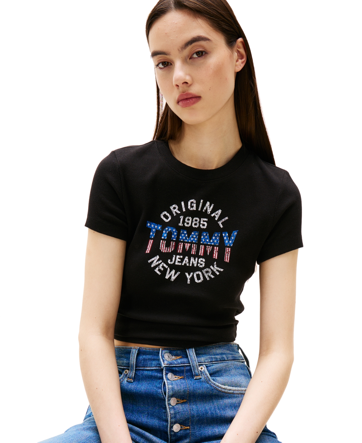 Tommy Jeans Women's Slim-fit Ribbed Americana Graphic T-shirt In Black