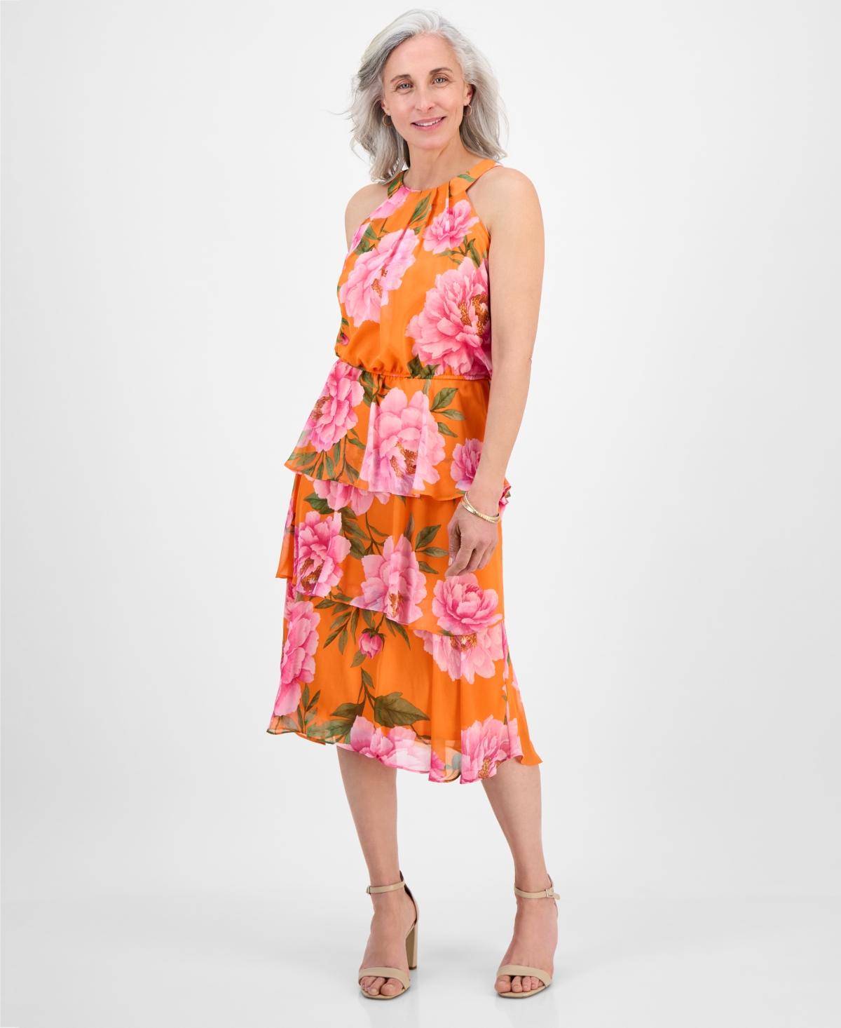 Robbie Bee Petite Tiered Floral-print Halter Midi Dress