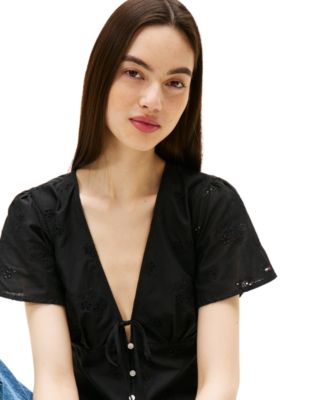 Women's Cotton Embroidered Plunging-Neck Blouse