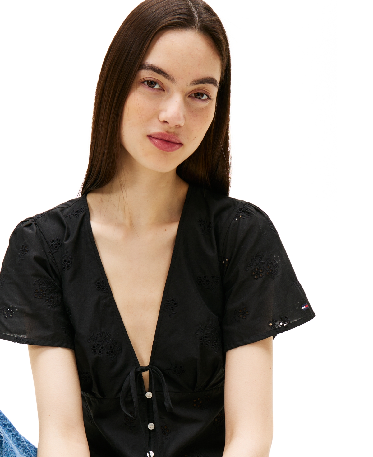 Tommy Jeans Women's Cotton Embroidered Plunging-neck Blouse In Black
