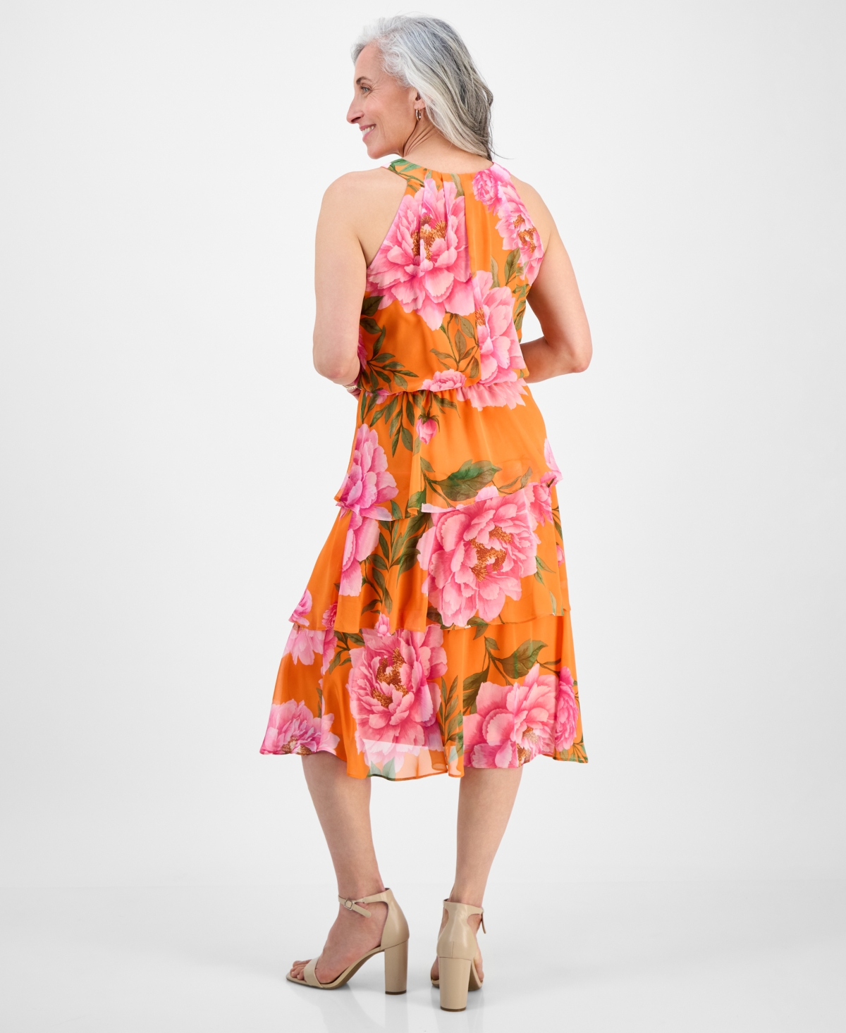 Robbie Bee Petite Tiered Floral-print Halter Midi Dress