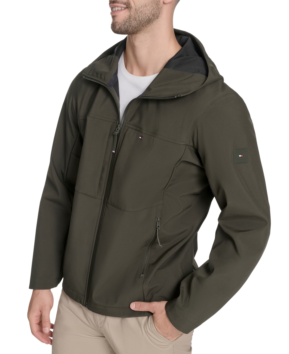 Tommy Hilfiger Men's Softshell Rain Hoodie In Olive