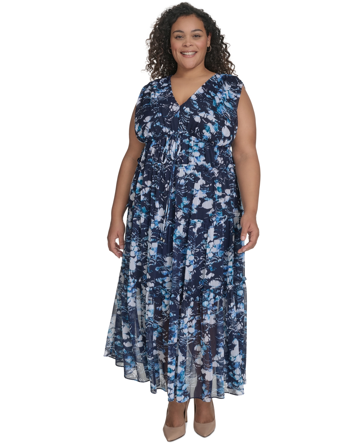 Dkny Plus Size Printed Empire Maxi Dress In Indigo Multi