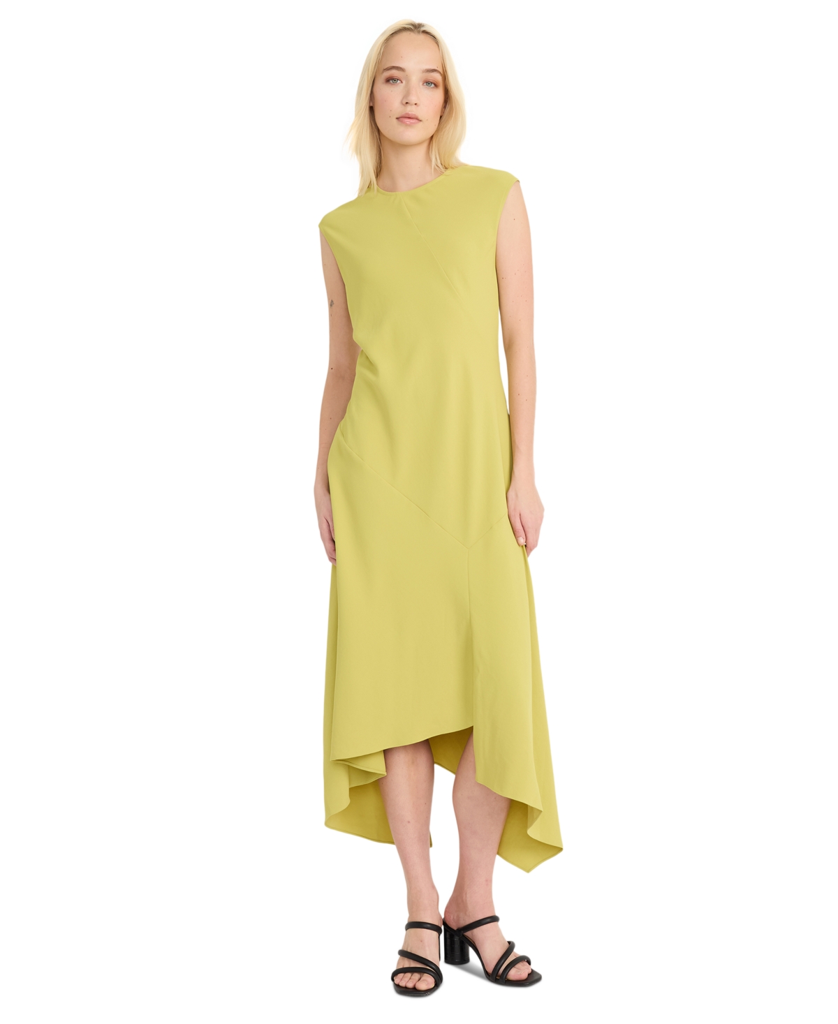 Luxely Beach Crepe Asymmetric Midi Dress In Lentil Sprout
