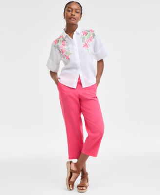 CHARTER CLUB WOMENS EMBROIDERED LINEN SHIRT SOLID CROPPED PULL ON PANTS EXCLUSIVELY AT MACYS 
