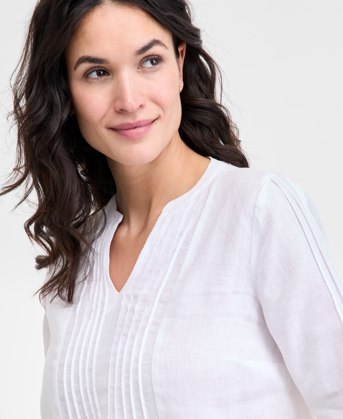 CHARTER CLUB PETITE 100% LINEN PINTUCKED TOP, EXCLUSIVELY AT MACY'S 