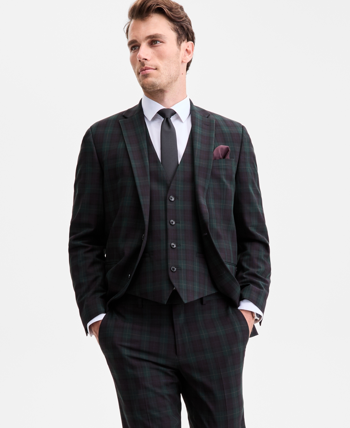 Bar Iii Men's Slim-fit Green & Burgundy Plaid Suit Separate Vest, Macy's Exclusive In Multi