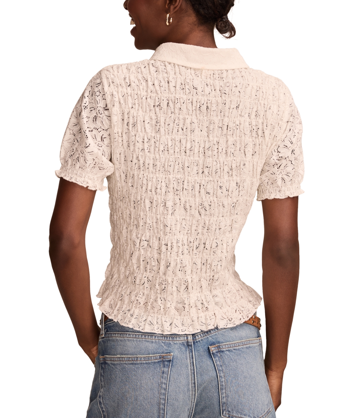 LUCKY BRAND WOMEN'S SMOCKED LACE BUTTON-FRONT TOP 