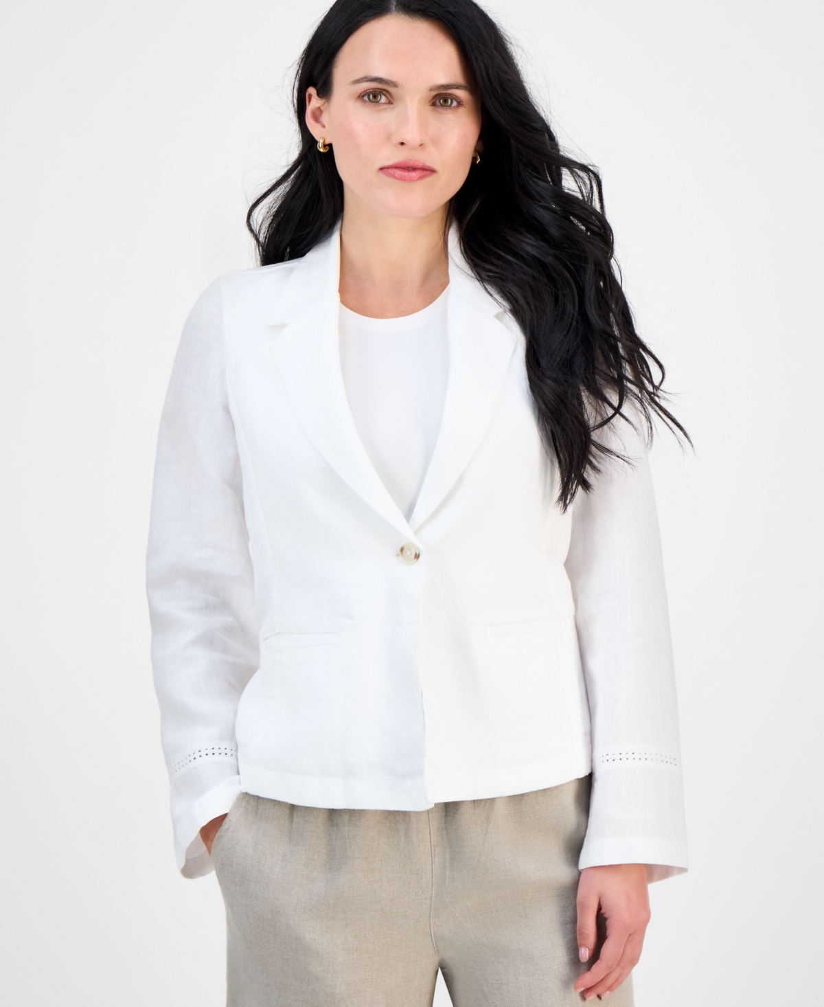CHARTER CLUB PETITE WOVEN LINEN CROCHETED BLAZER, EXCLUSIVELY AT MACY'S 