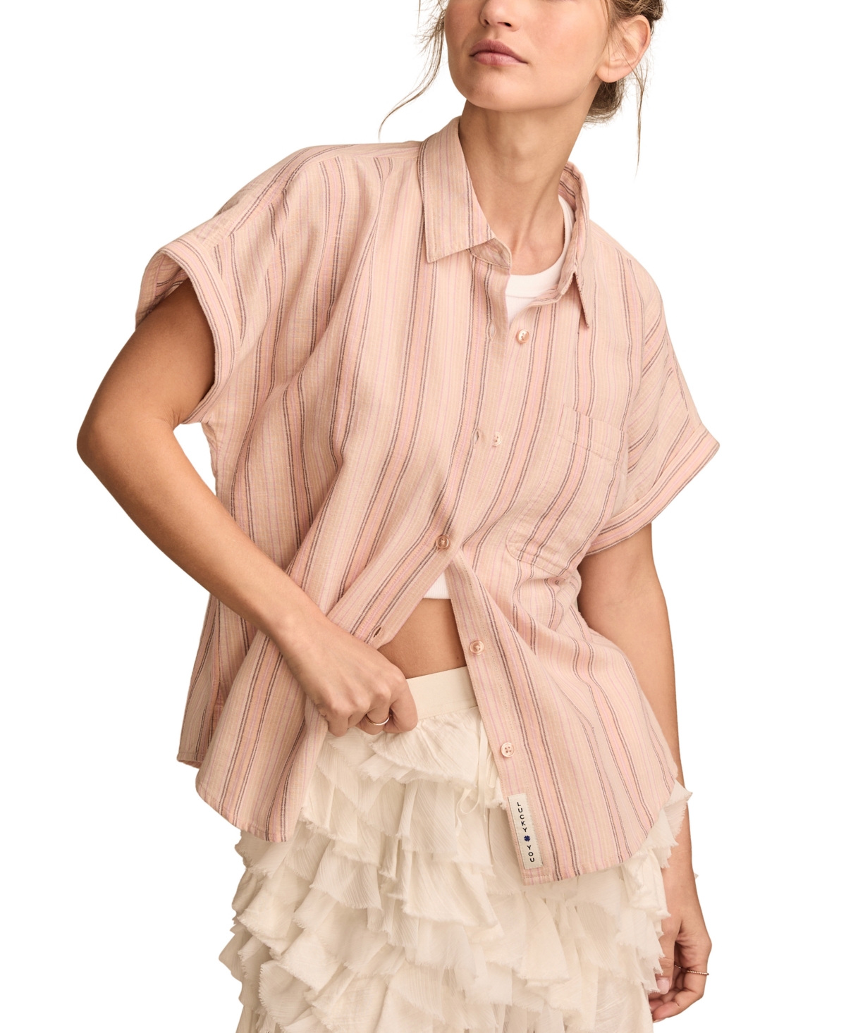 Women's Roll-Cuff Button-Front Shirt - Cream Stripe