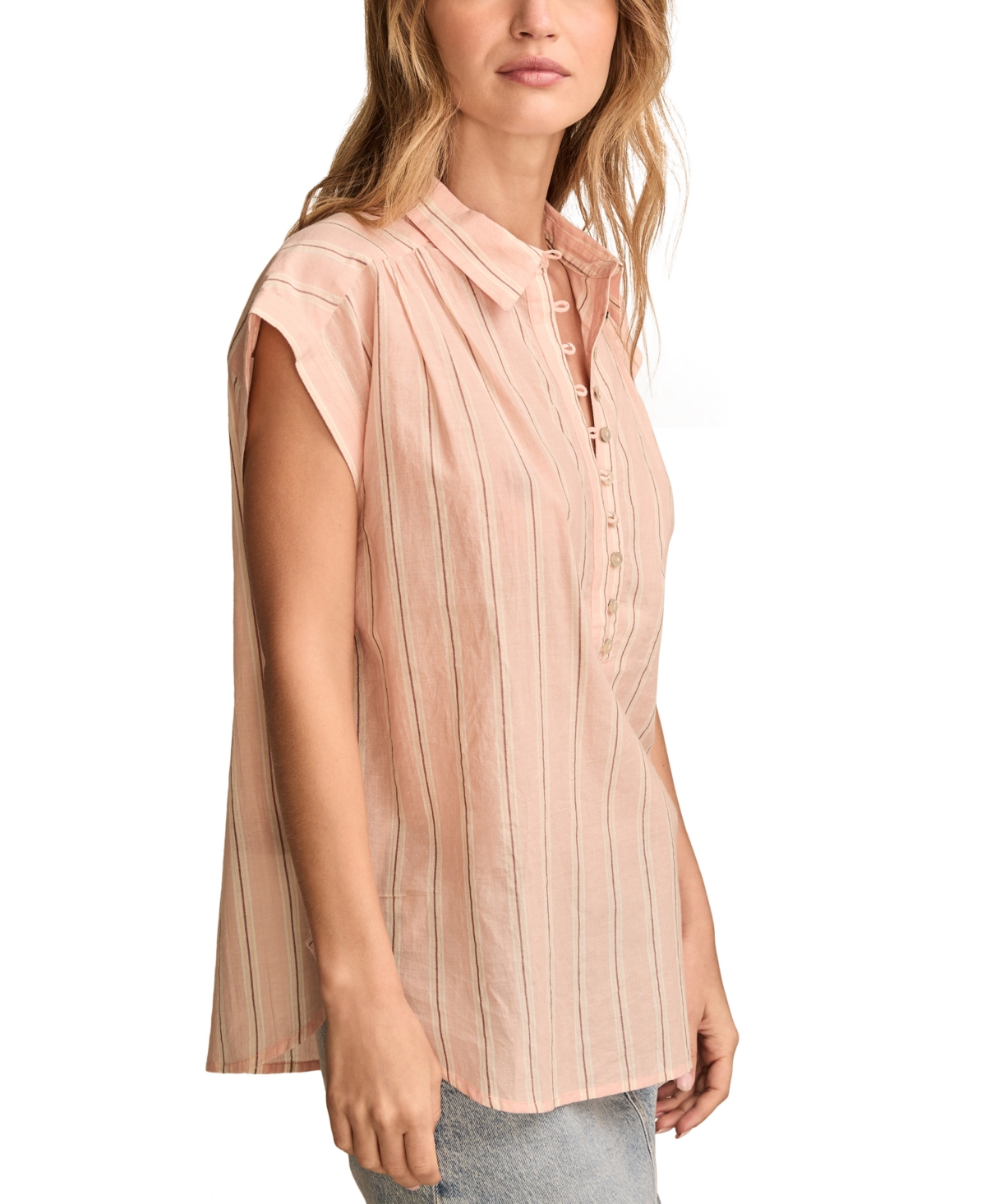 Lucky Brand Women's Cotton Striped Short-sleeve Popover In Peach Stripe