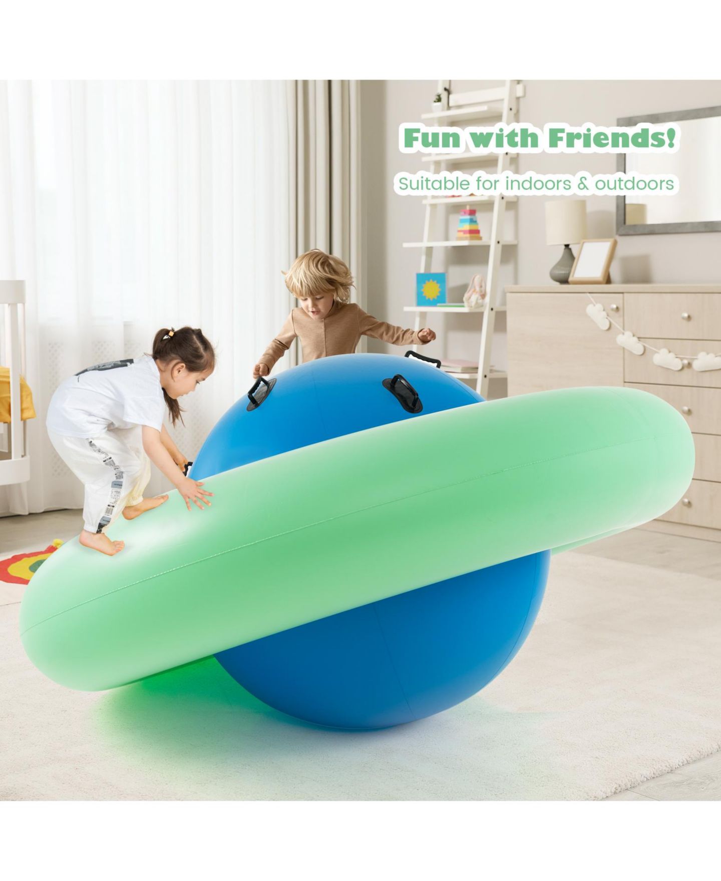 Детская игрушка HONGGE 7.5 Ft Inflatable Dome Rocker Bouncer with 6 Handles for Kids, цвет: Зелёный синий — фото 5