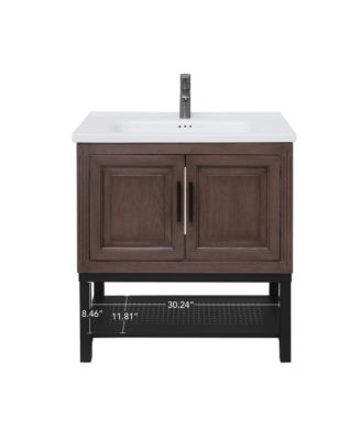 32" Bathroom Vanity with White Ceramic Sink & Faucet,Freestanding Bathroom Cabinet with 2 Storage Doors and Open iron Shelf