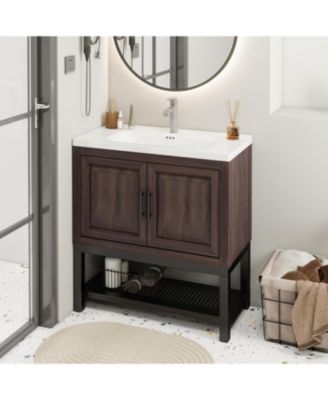 32" Bathroom Vanity with White Ceramic Sink & Faucet,Freestanding Bathroom Cabinet with 2 Storage Doors and Open iron Shelf