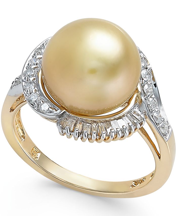 Macy's - Cultured Golden South Sea Pearl (11mm) and Diamond Ring (1/2 ct. t.w.) in 14k Gold