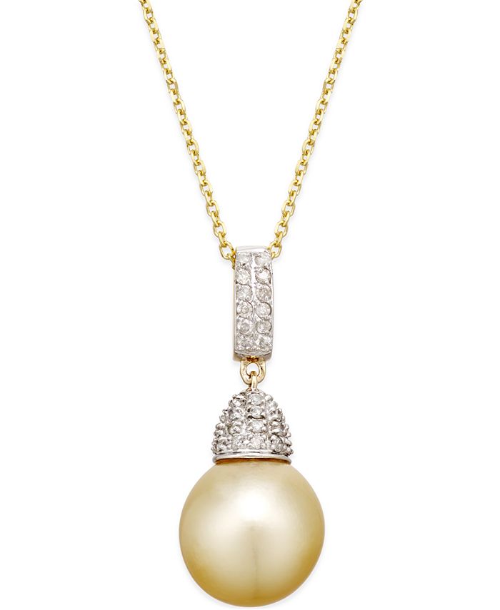 Macy's - Golden South Sea Pearl (12mm) and Diamond (1/3 ct. t.w.) Pendant Necklace in 14k Gold