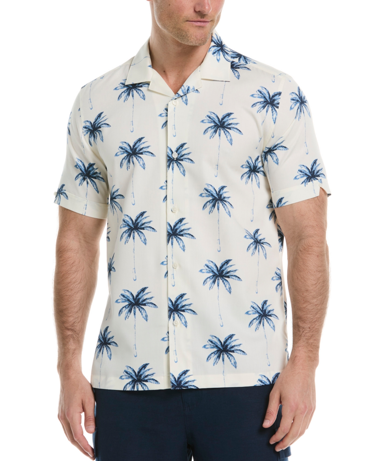 Men's Palm Tree Print Short-Sleeve Button-Down Shirt - Egret