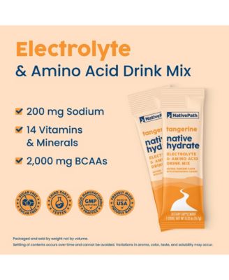 Native Hydrate Stick Packs, Sugar Free Electrolytes Powder with BCAAs, Tangerine Hydration, Keto & Paleo Friendly, 30 Servings
