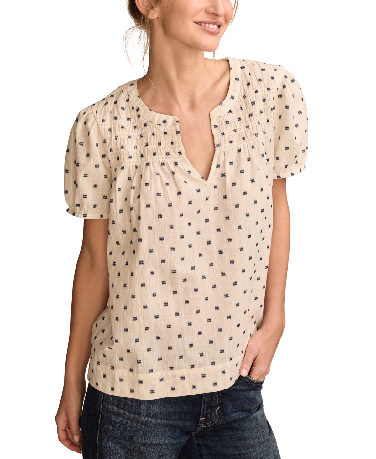 Lucky Brand Women's Clip Jacquard Puff-sleeve Top In Cream
