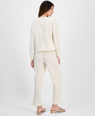ANNE KLEIN WOMENS PULL ON EMBROIDERED EYELET PANTS BUTTON FRONT JACKET 