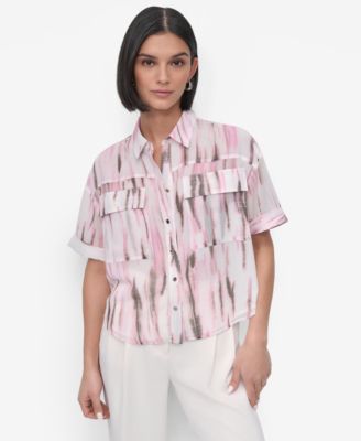 DKNY - Women's Printed Chiffon Boxy-Fit Top