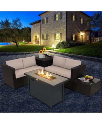 5PCS Patio Rattan Furniture Set Fire Pit Table w/ Cover Storage Cushion