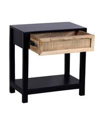 Mango Wood Side Table – Rattan Drawer & Open Shelf Storage