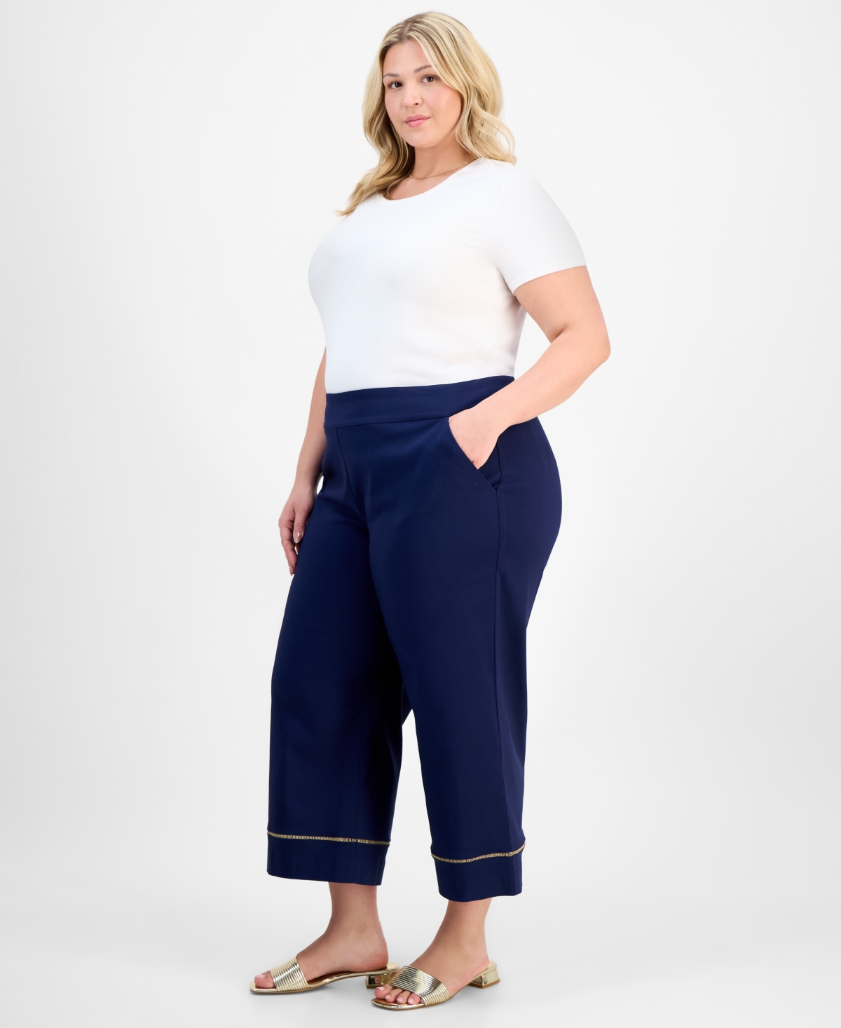 JM COLLECTION PLUS SIZE LADDER-TRIM PULL-ON CAPRI PANTS, EXCLUSIVELY AT MACY'S 