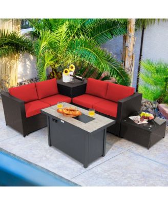 5PCS Patio Rattan Furniture Set Fire Pit Table w/ Cover Storage Cushion