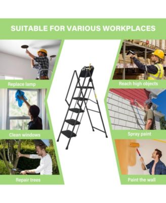 5-Step Foldable Light Weight Wide Anti Slip Pedal and Safety Handle, Sturdy Multi-Purpose Step Ladder with tool bag