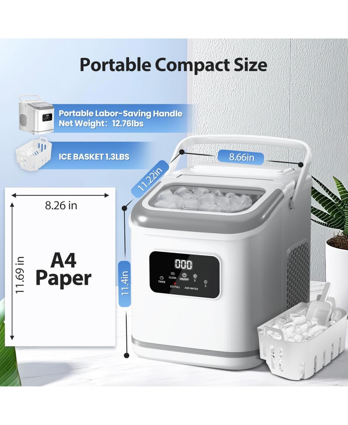 Cowsar 26Lbs, Countertop Ice Maker, Self-Cleaning, Bullet Ice, Digital Screen, 9 Cubes in 6 Mins
