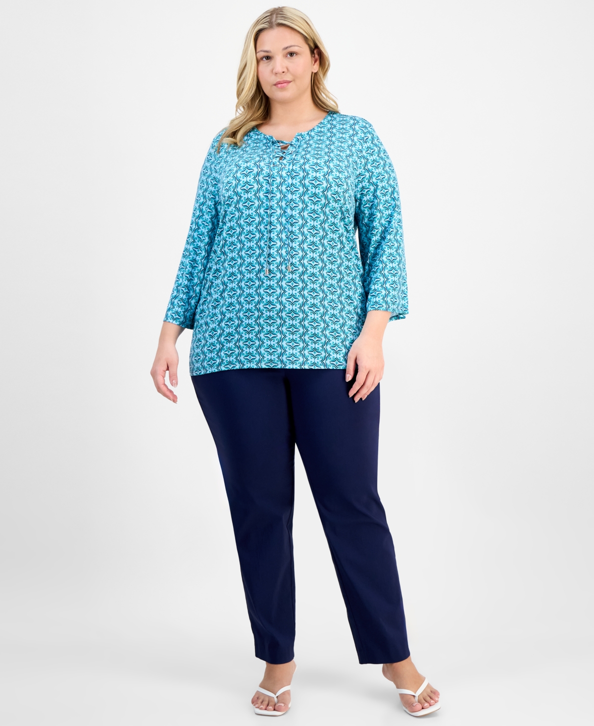 Jm Collection Petite Geometric Print 3/4-sleeve Blouse, Exclusively At Macy's In Multi