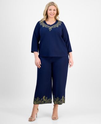 Plus Size Metallic Embroidered V-Neck Top, Exclusively at Macy's
