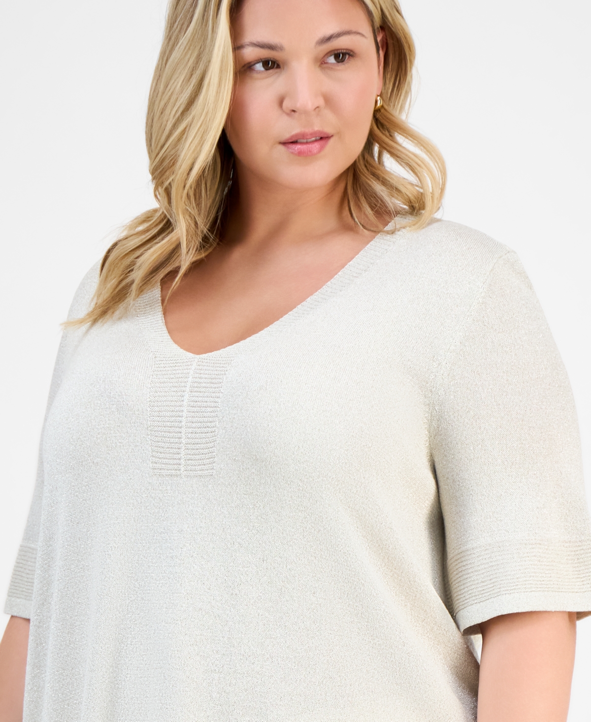 JM COLLECTION PLUS SIZE METALLIC SHINE ELBOW-SLEEVE SWEATER EXCLUSIVELY AT MACY'S 