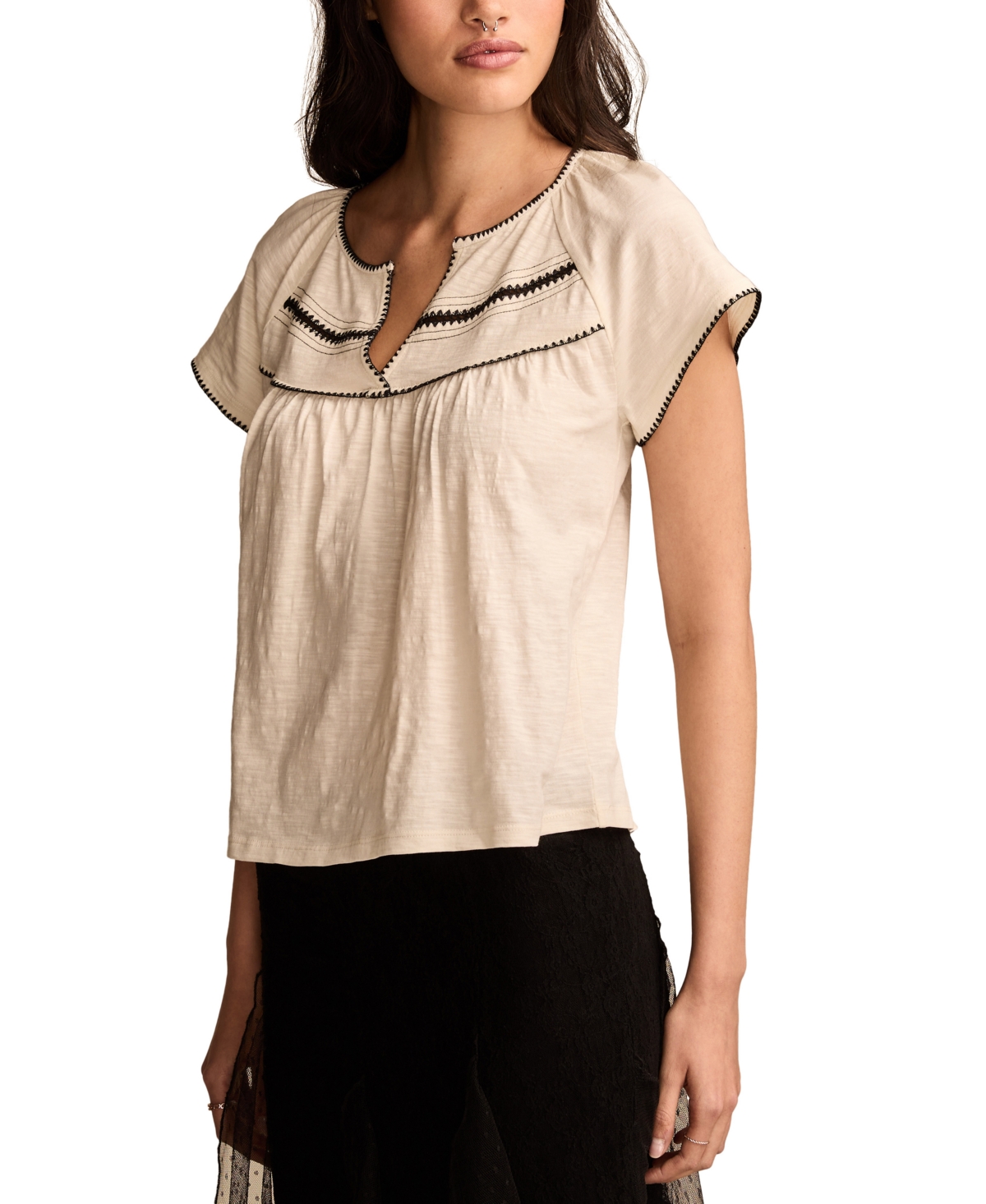 Lucky Brand Women's Cotton Contrast-Trim Short-Sleeve Peasant Top