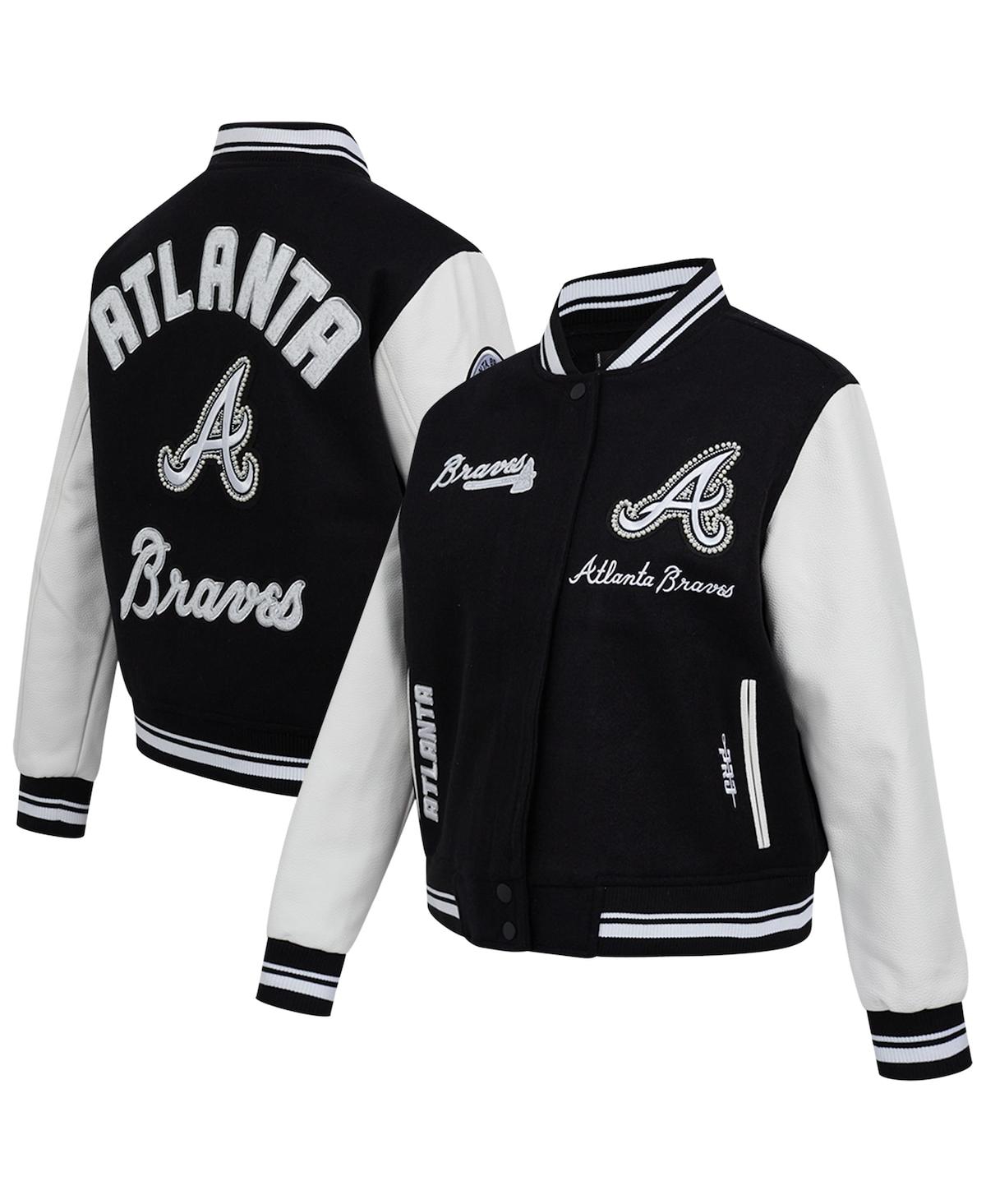 Women's Black Atlanta Braves Cultivated Pearls Rib Wool Full-Zip Varsity Jacket - Black