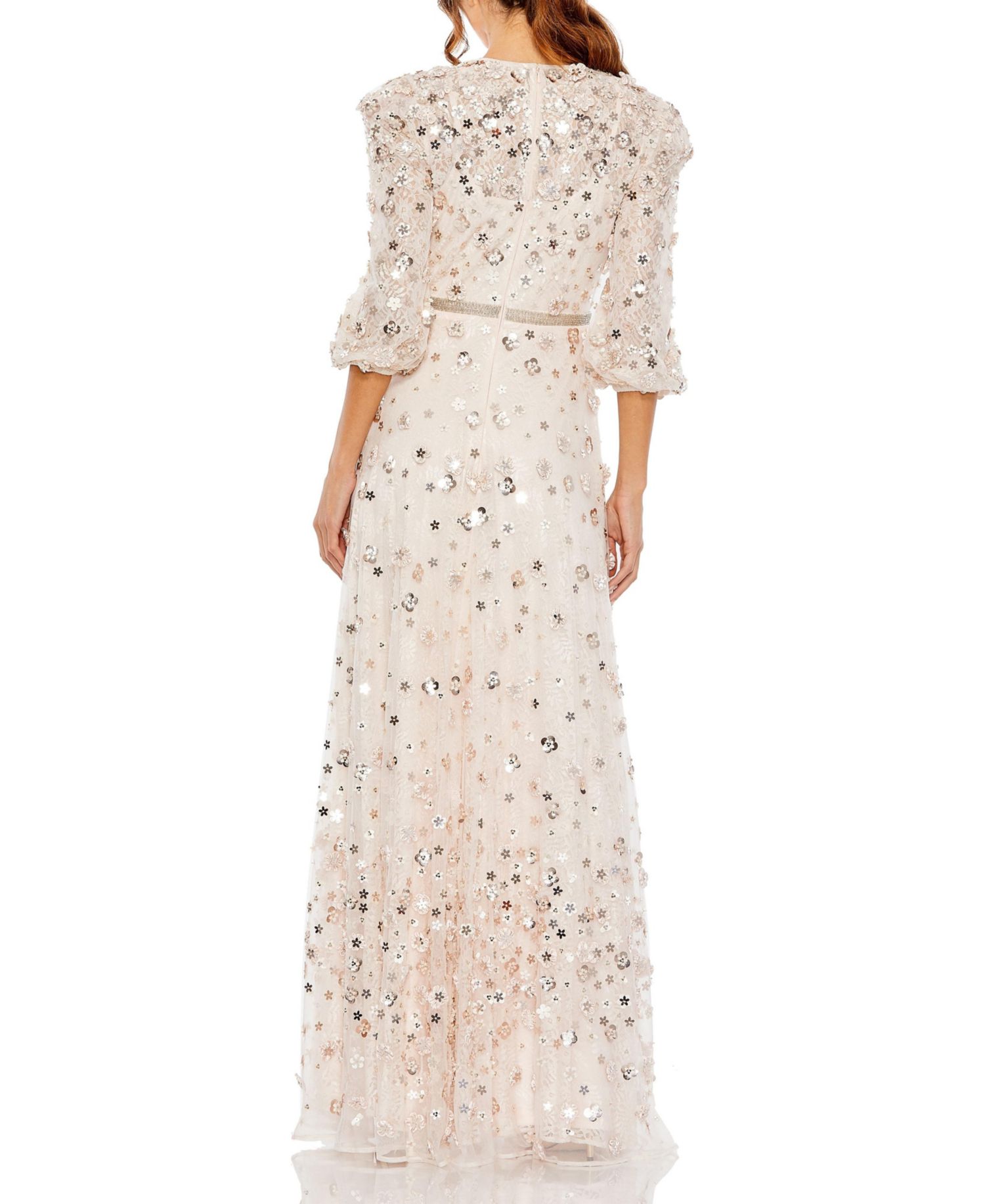 Women's Floral Applique Puff Sleeve High Neck A-Line Gown