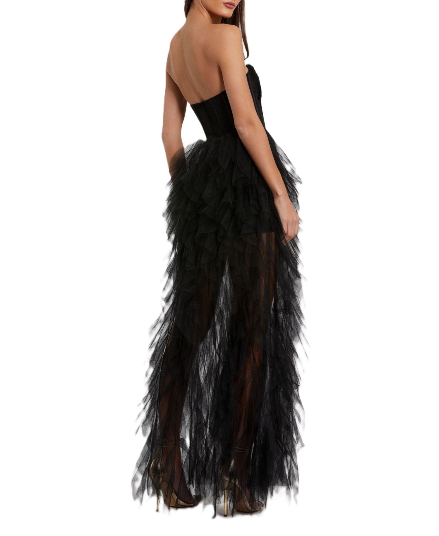 Women's Strapless Bustier Net Gown With Spiral Ruffles