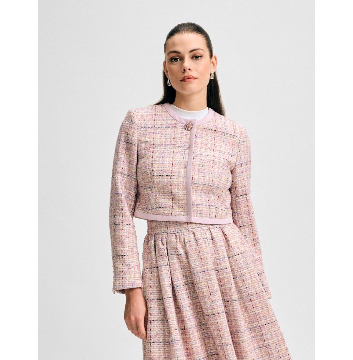 Women's Cropped Tweed Jacket with Broach Button - Lavender multi