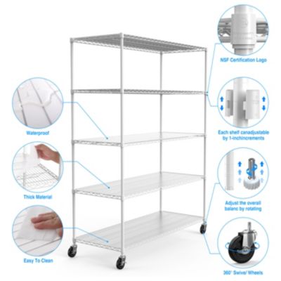 5 Tier 7500lbs Heavy Duty Adjustable Storage Rack Metal Shelf Wire Shelving Unit with Wheels & Shelf Liners - 82" H x 60" L x 24" D - White