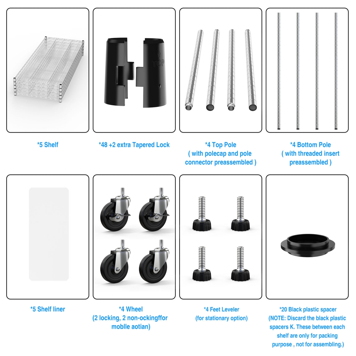5 Tier Heavy Duty Adjustable Storage Rack Metal Shelf Wire Shelving Unit with Wheels and Shelf Liners