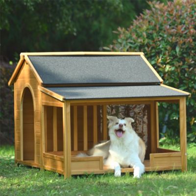 60.2inch Large Wooden Dog House with Porch Cabin Style Dog Crate with Asphalt Roof Nature
