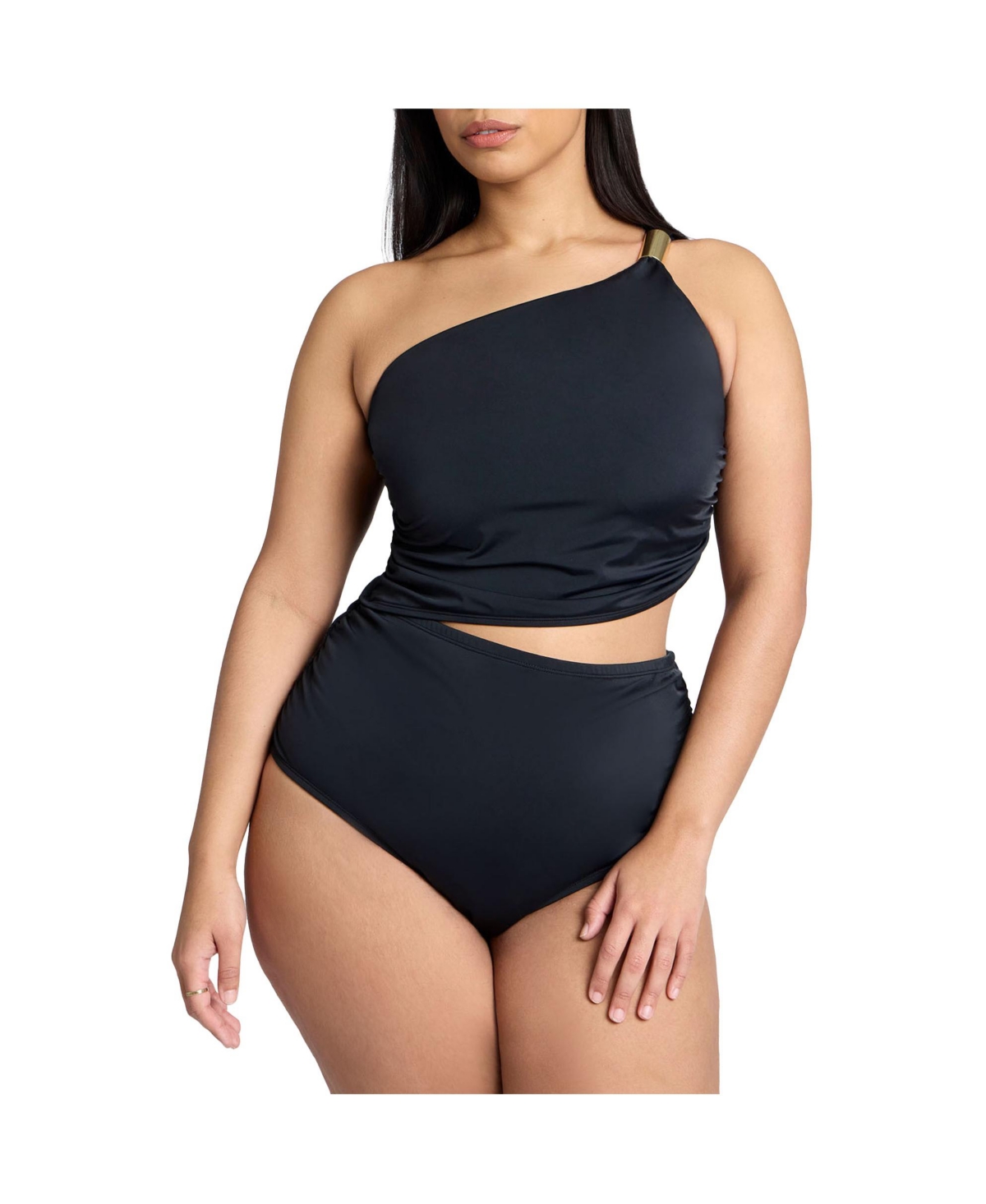 Plus Size One Shoulder One Piece Swimsuit With Cutout - Black