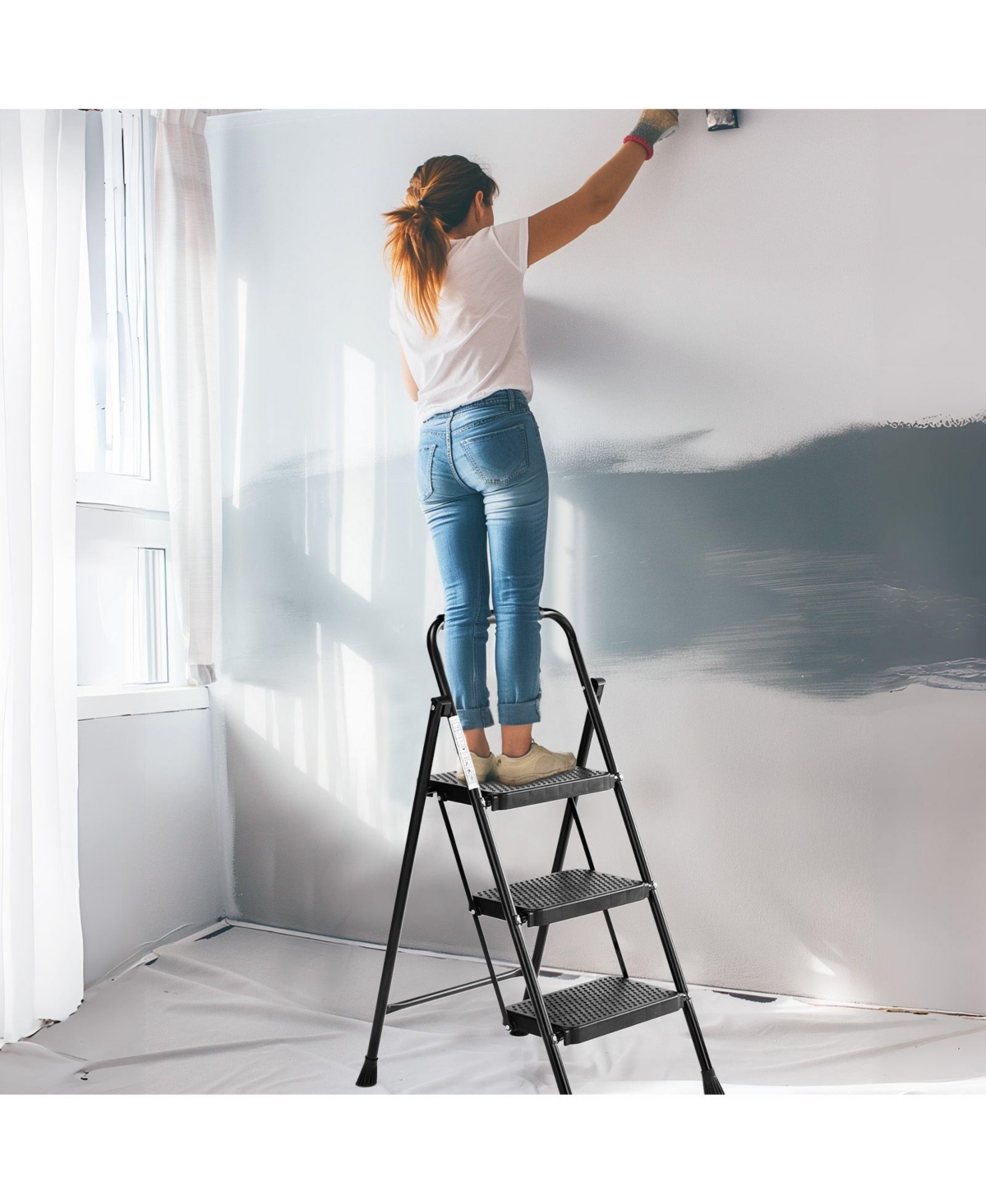 3 Non-slip step ladder, quick folding steel ladder Sturdy metal supported household tools for home/office work at altitude, portable step tools