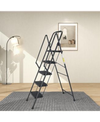5-Step Steel Folding Step Stool Ladder with Wide Anti Slip Pedal and Safety Handle, Black
