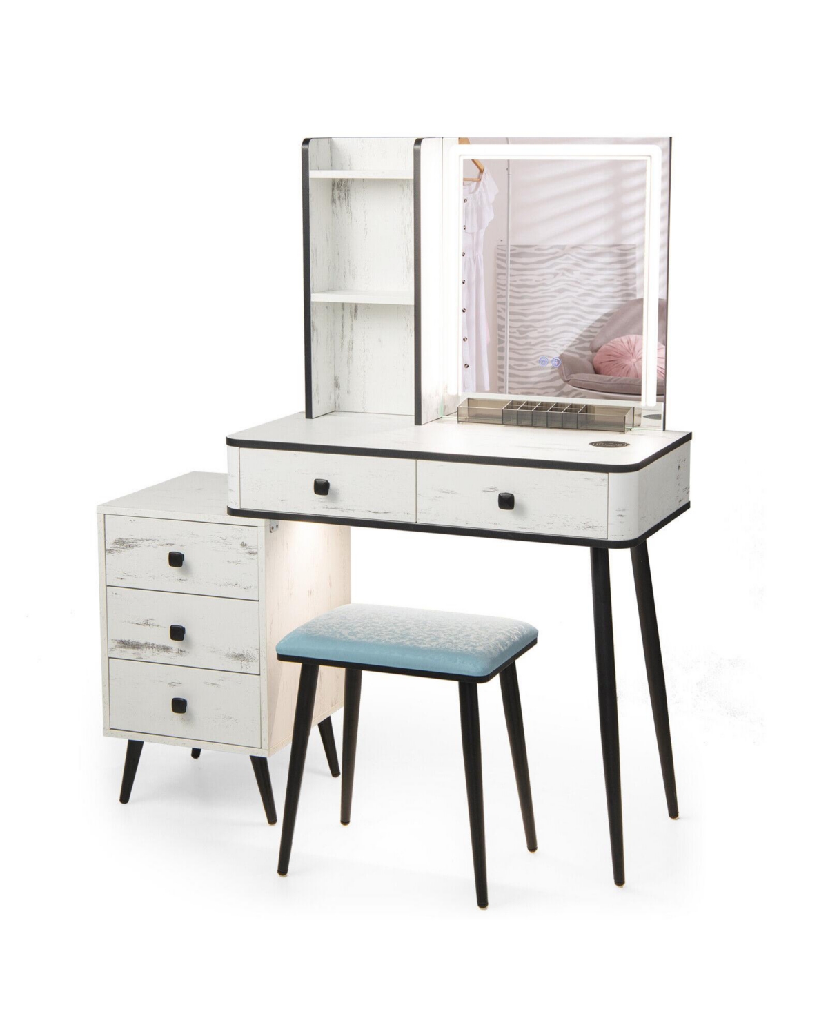 Vanity Makeup Table Set with Lighted Mirror - White