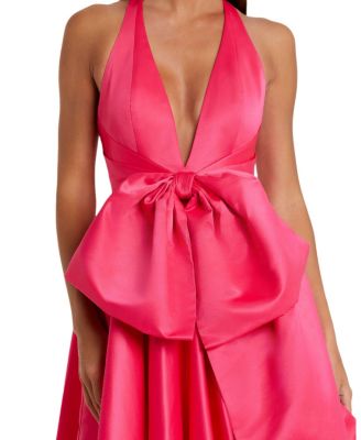 Women's Sleeveless Deep V Satin Gown With Oversized Bow