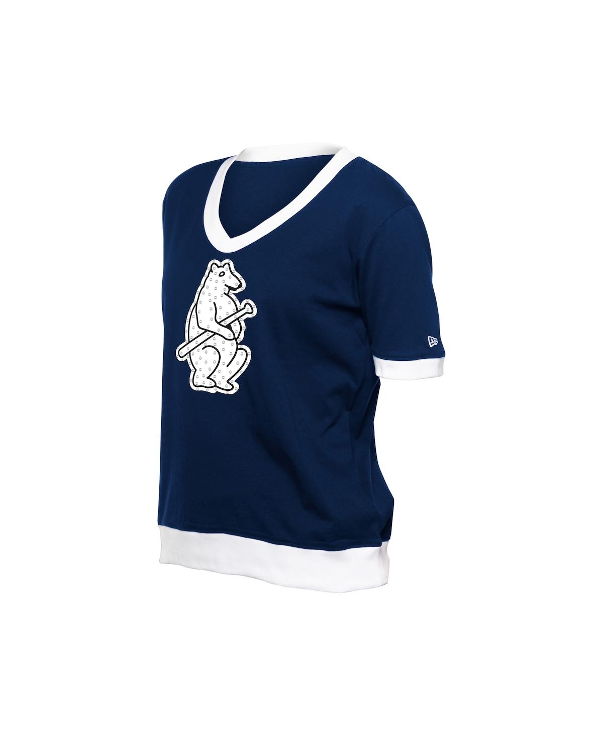 NEW ERA WOMEN'S NAVY CHICAGO CUBS GAME DAY RHINESTONE V-NECK T-SHIRT 