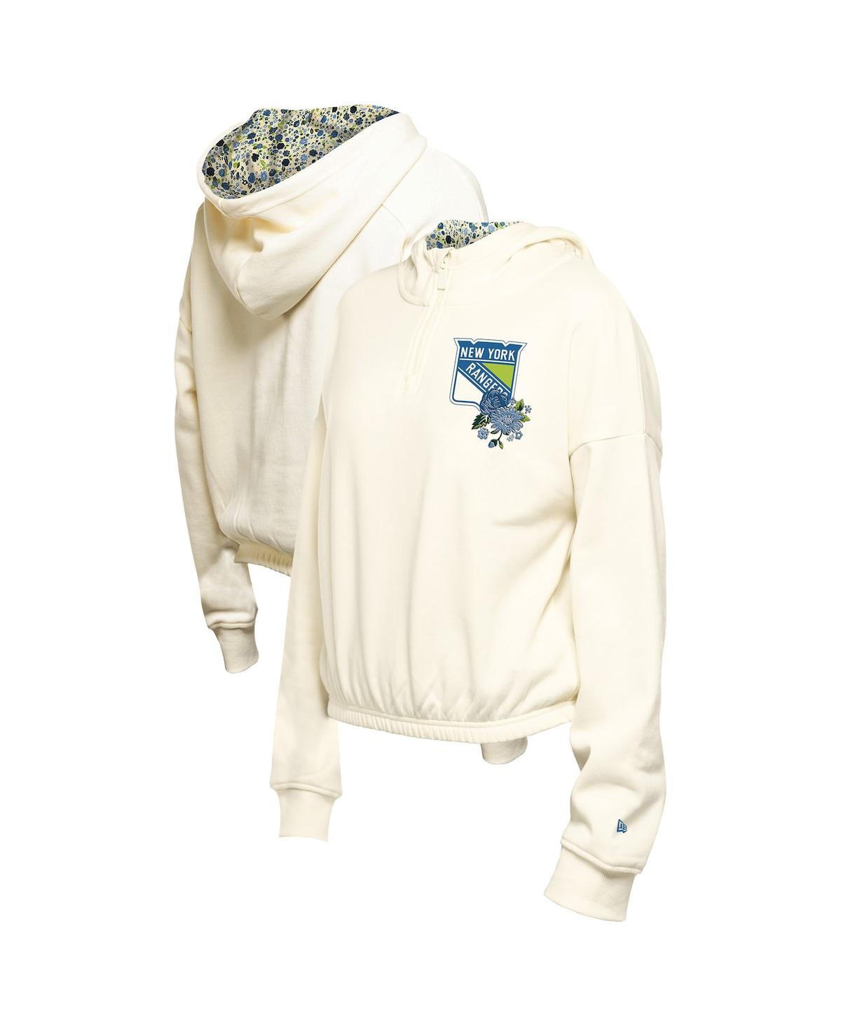 NEW ERA WOMEN'S CREAM NEW YORK RANGERS GLAM GAME QUARTER-ZIP CROPPED FLORAL HOODIE PULLOVER TOP 